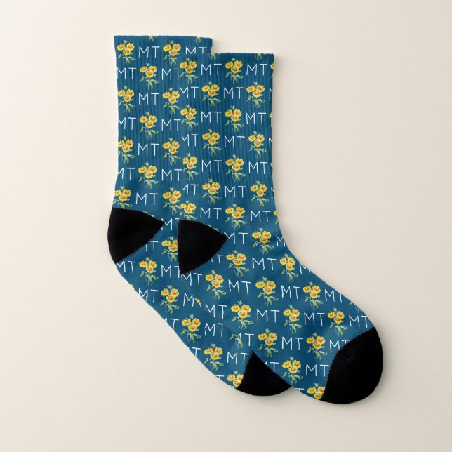 Sunflowers & Leaves Monogram Blue Pattern Socks (Pair)
