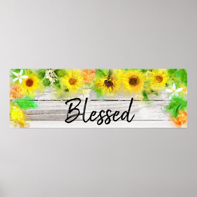 *~* Sunflowers Lemons Oranges Rustic Wood Blessed Poster (Front)