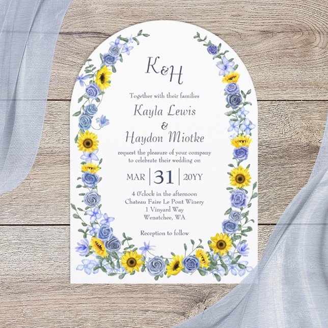 Sunflowers & Light Blue Rose Garden Wedding Arches Invitation (arched dusty blue roses and yellow sunflowers wedding invitations, blue monogram, elegant script)