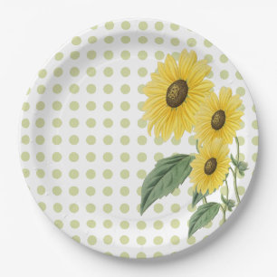 Sunflowers Light Green Polkadots on White Custom Paper Plate