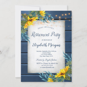 Sunflowers,Lights, Navy Blue Wood Retirement Invitation