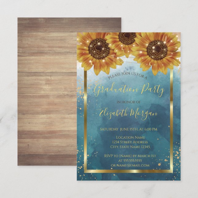 Sunflowers,Lights, Wood,Confetti Graduation Party  Invitation (Front/Back)