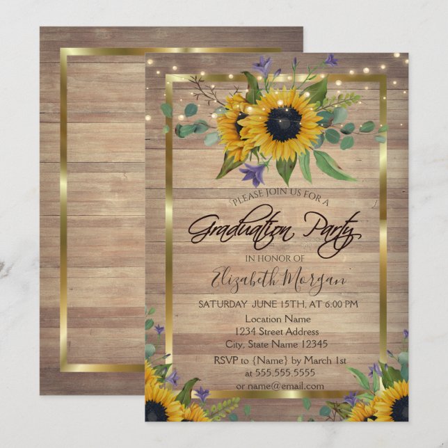 Sunflowers,Lights, Wood Floral Graduation Party  Invitation (Front/Back)