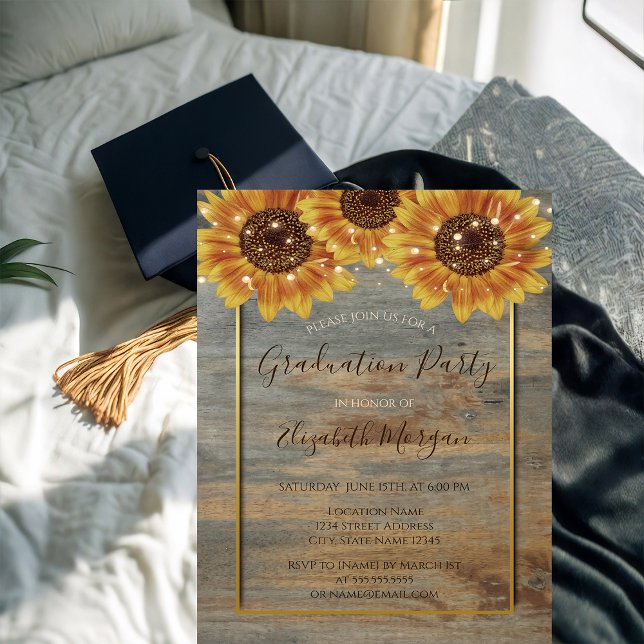 Sunflowers,Lights, Wood,Gold Frame Graduation  Invitation (Creator Uploaded)