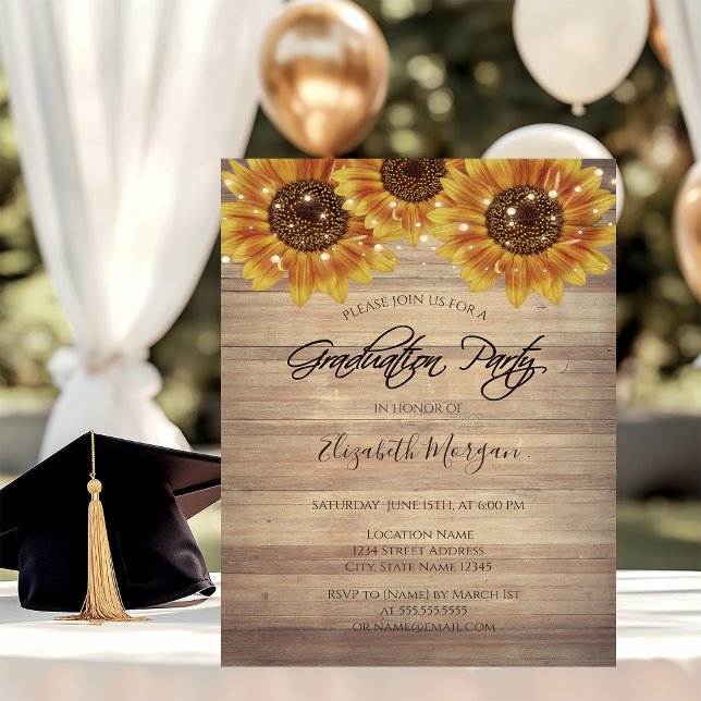 Sunflowers,Lights, Wood Texture Graduation Party Invitation (Creator Uploaded)