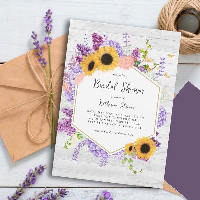 Sunflowers Lilac Hexagon Rustic Wood Bridal Shower Invitation (rustic bridal shower invitation sunflowers lilac hydrangea butterflies hexagon wood board country)