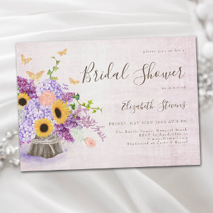 Sunflowers Lilac Hydrangea Wood Chic Bridal Shower Invitation