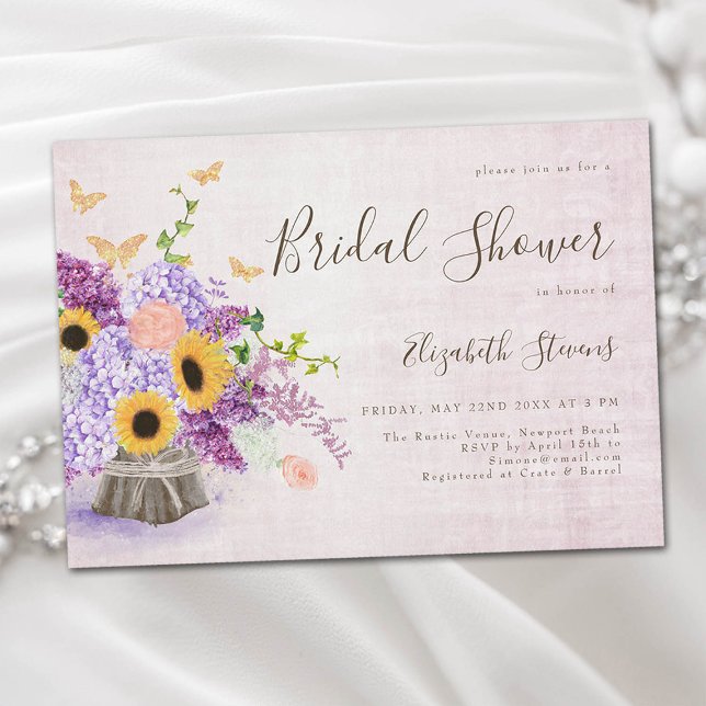Sunflowers Lilac Hydrangea Wood Chic Bridal Shower Invitation (rustic sunflowers wood lilac hydrangea floral bridal shower invitation garden barn farm elegant chic)