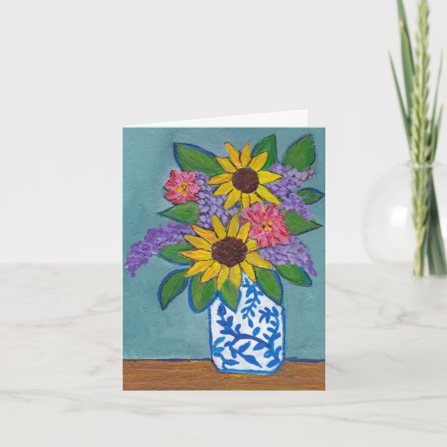 Sunflowers & Lilacs in Blue & White Vase Card (Front)