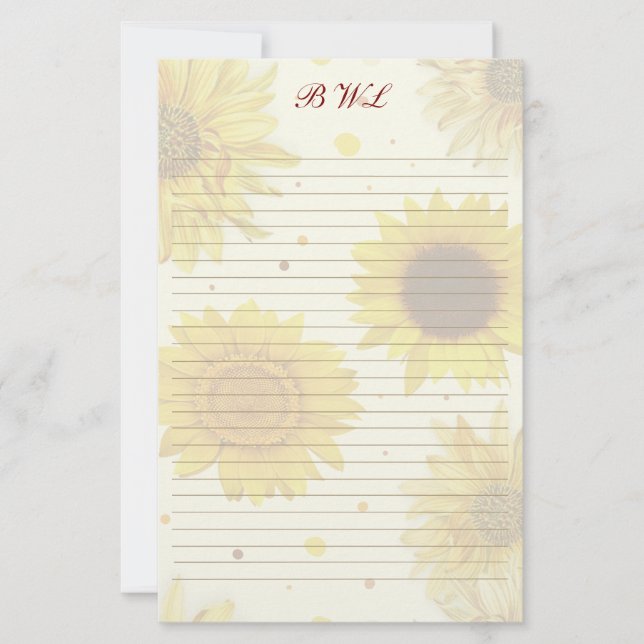 Sunflowers Lined Monogram Writing Paper (Front)
