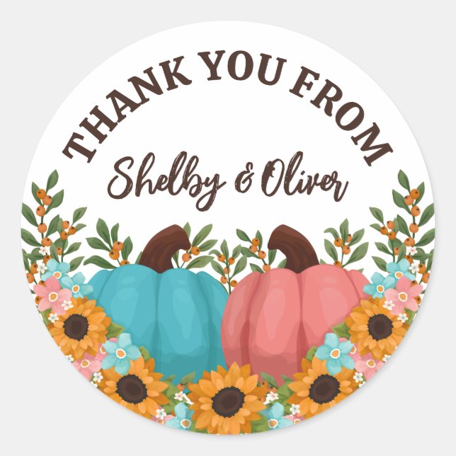 Sunflowers Little Pumpkin Gender Reveal Thank You Classic Round Sticker (Front)