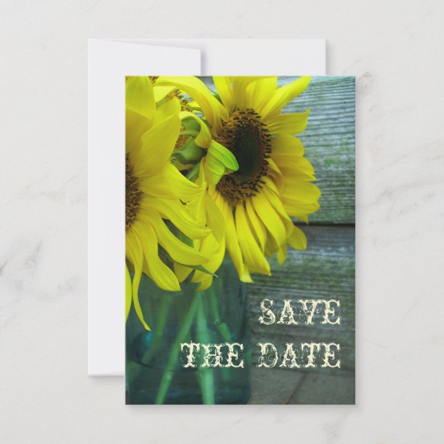 Sunflowers Mason Jar Barnwood Fall Save The Date (Front)