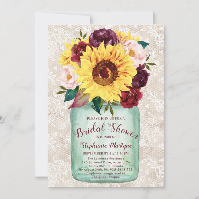 Sunflowers Mason Jar Lace Bridal Shower Invitation (Front)