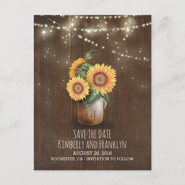sunflowers mason jar lights wood save the date announcement postcard (Front)