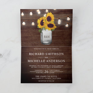 Sunflowers Mason Jar String Lights QR Code Wedding Invitation