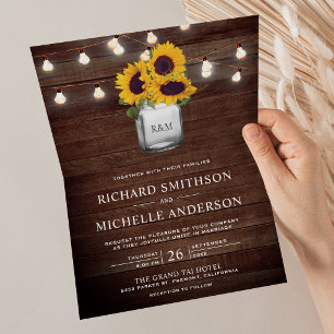Sunflowers Mason Jar String Lights QR Code Wedding Invitation