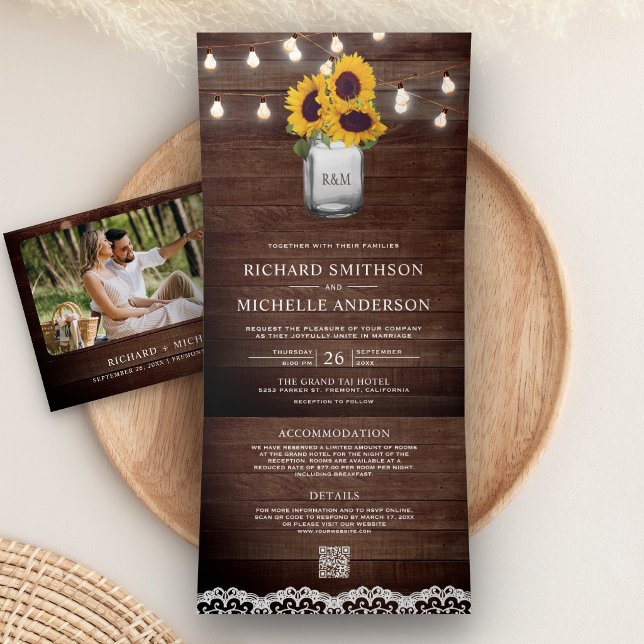 Sunflowers Mason Jar String Lights QR Code Wedding Tri-Fold Invitation (Creator Uploaded)