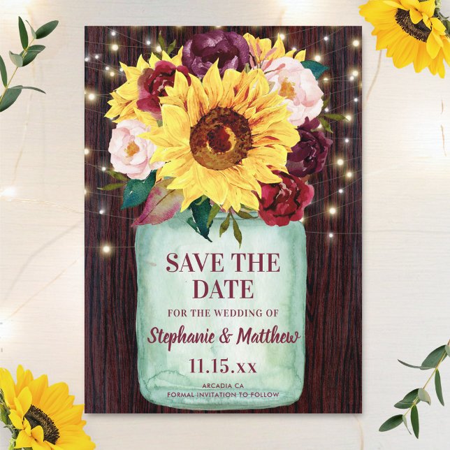 Sunflowers Mason Jar Wood Lights Wedding Save The Date (Creator Uploaded)