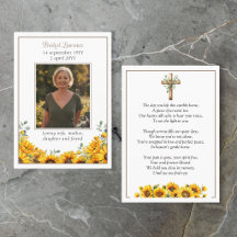 Sunflowers Memorial Photo Cross Prayer Card