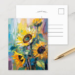Sunflowers Modern Abstract Floral Painting  Postcard<br><div class="desc">A vibrant modern abstract impressionist style painting of sunflowers. The artwork features textured brushstrokes in bold yellow, blue, and green hues. The dynamic brushwork and lively colours create a sense of movement, capturing the beauty and energy of the sunflowers in a fresh, contemporary style. The rich textures and expressive strokes...</div>