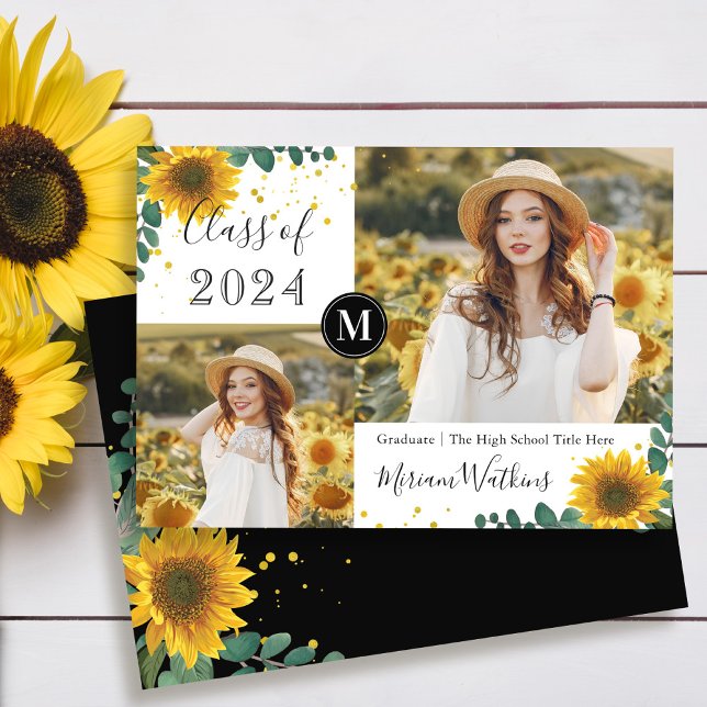 Sunflowers Monogram Photo Graduation Announcement (Creator Uploaded)