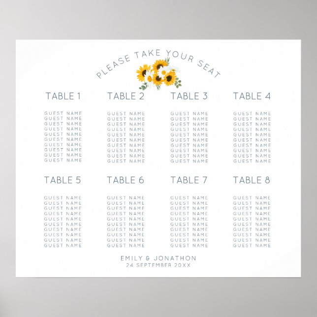 Sunflowers Motif 8 Table 80 Square Seating Chart (Front)