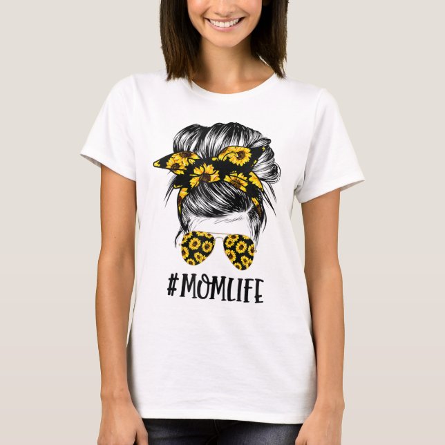 Sunflowers Mum Life Mum Skull Bun Hair Sunglasses  T-Shirt (Front)