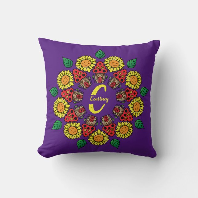 Sunflowers & Mushrooms Personalised Mandala Purple Cushion (Front)