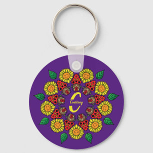 Sunflowers & Mushrooms Personalised Mandala Purple Key Ring