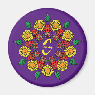 Sunflowers & Mushrooms Personalised Mandala Purple Magnet