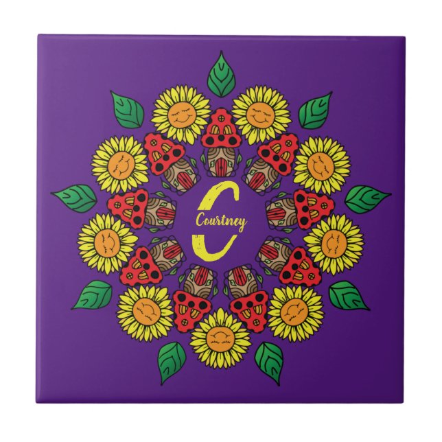 Sunflowers & Mushrooms Personalised Mandala Purple Tile (Front)