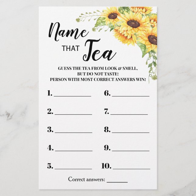 Sunflowers Name that Tea Bridal Shower Game Card (Front)