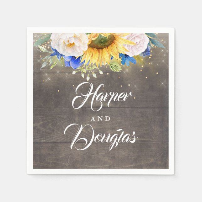 Sunflowers Navy Blue and White Fall Wedding Napkin (Front)
