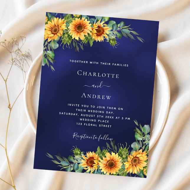 Sunflowers navy blue budget wedding invitation (Creator Uploaded)