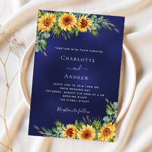 Sunflowers navy blue eucalyptus luxury wedding invitation