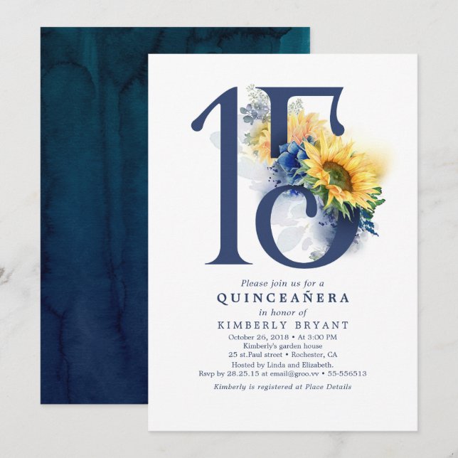 Sunflowers Navy Blue Floral Elegant Quinceanera Invitation (Front/Back)