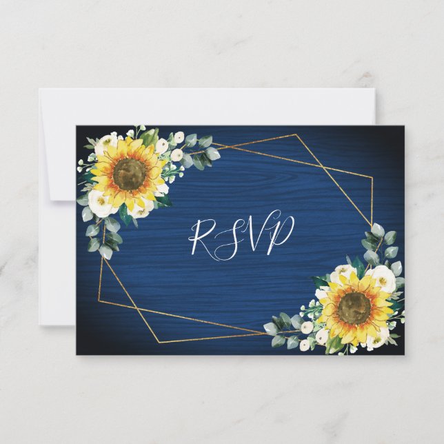 Sunflowers Navy Blue Floral Geometric Wedding RSVP Card (Front)