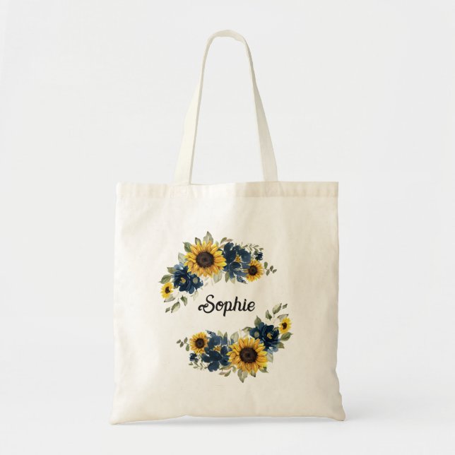 Sunflowers Navy Blue Floral Greenery Personalized Tote Bag (Front)
