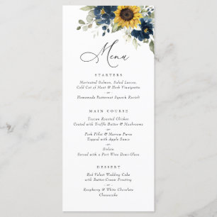 Sunflowers Navy Blue Floral Greenery Wedding Menu