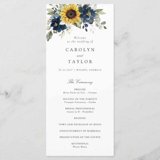Sunflowers Navy Blue Floral Greenery Wedding Programme (Front)