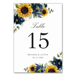 Sunflowers Navy Blue Floral Rustic Table Number
