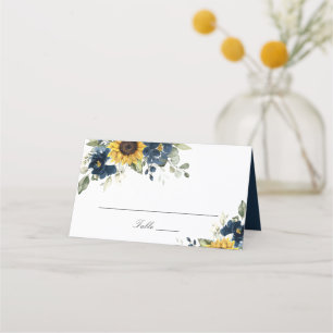 Sunflowers Navy Blue Floral Wedding Place Card