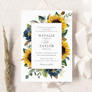 Sunflowers Navy Blue Flowers Greenery Wedding Invitation