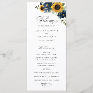 Sunflowers Navy Blue Flowers Rustic Wedding Programme