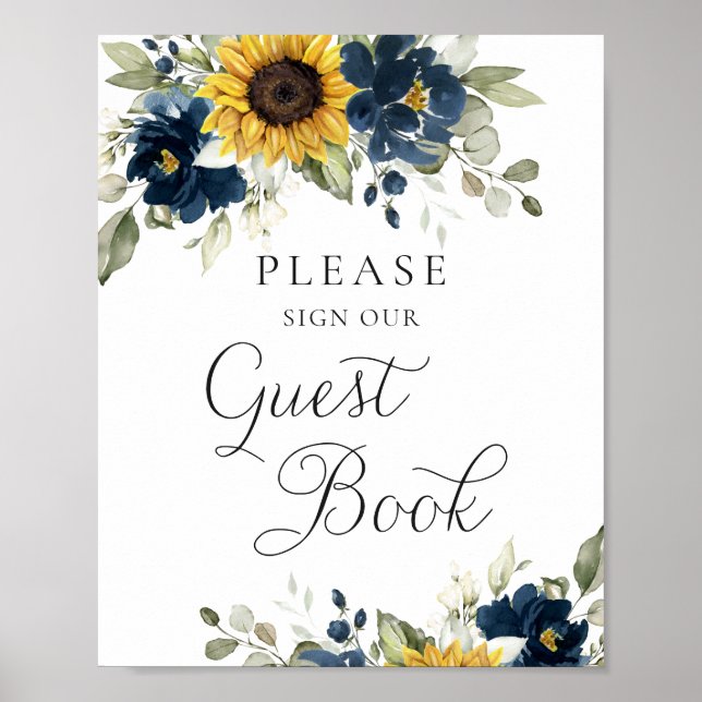 Sunflowers Navy Blue Greenery Wedding Guest Book (Front)