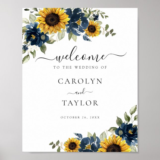 Sunflowers Navy Blue Greenery Wedding Welcome Sign (Front)