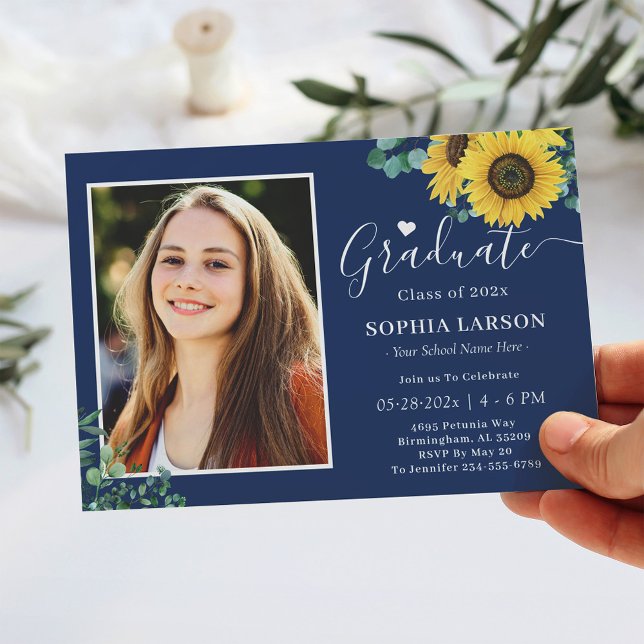 Sunflowers Navy Blue Photo Graduation Celebration Invitation (Creator Uploaded)