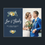 sunflowers navy blue wedding thank you photo card<br><div class="desc">watercolor eucalyptus and sunflowers with white brush script and an image of the newlyweds ,  feel free to personalise the features of this card.</div>