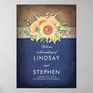 Sunflowers Navy Rustic Wedding Welcome Poster