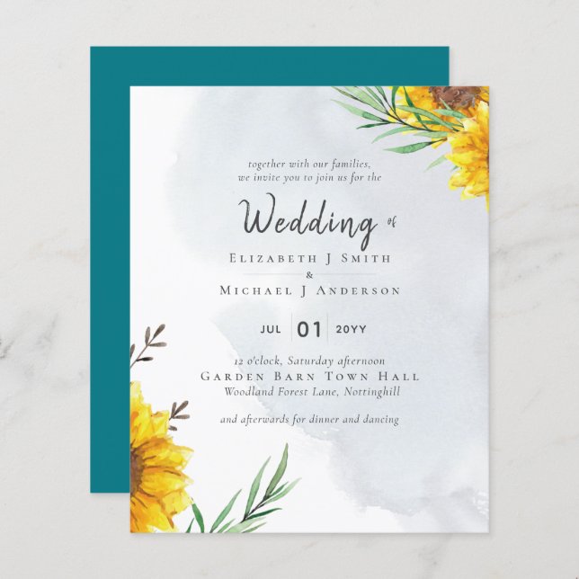 Sunflowers Olive Leaves Rustic Teal Wedding (Front/Back)